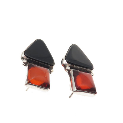 925 Sterling Silver Vintage Real Black Onyx & Amber Modernist Earrings