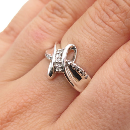 SUN 925 Sterling Silver Real Round-Cut Diamond Bypass Ring Size 7