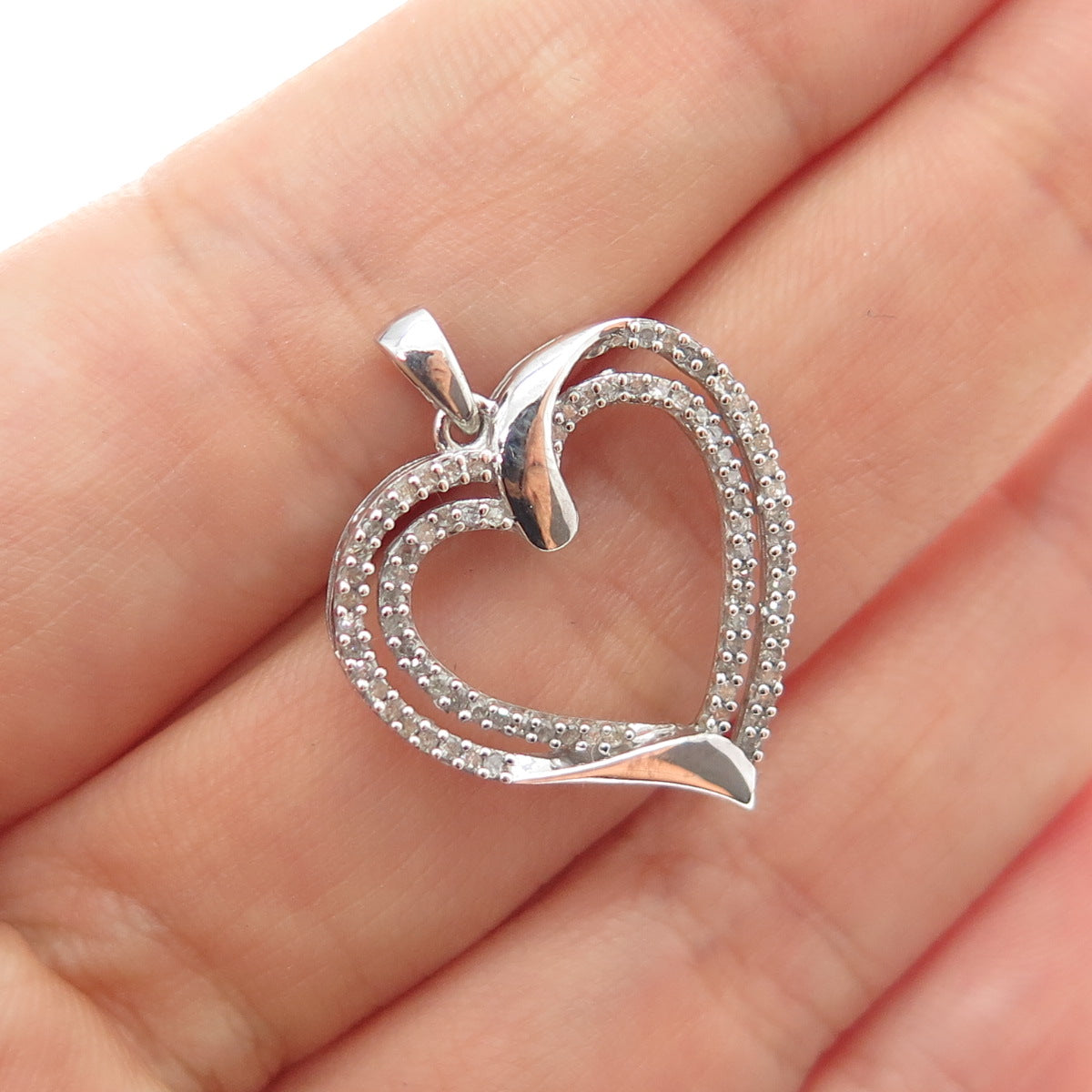 925 Sterling Silver Real Round-Cut Diamond Double Heart Charm Pendant