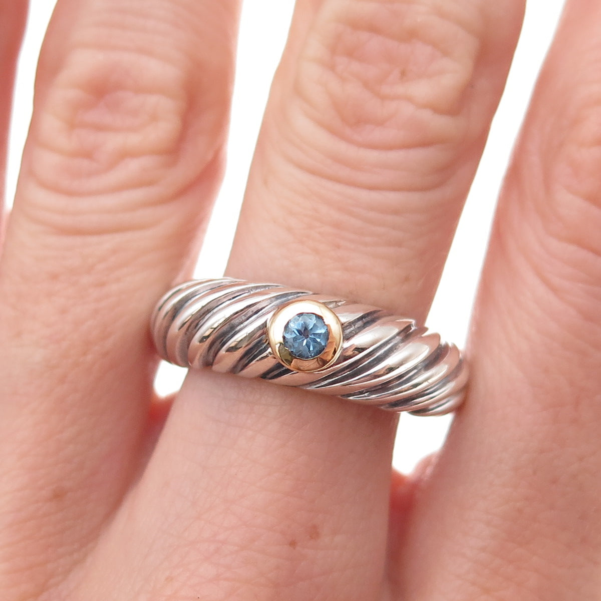 Flli Menegatti Sterling Silver 18K Gold Vintage Italy Blue Topaz Ring Size 9.75