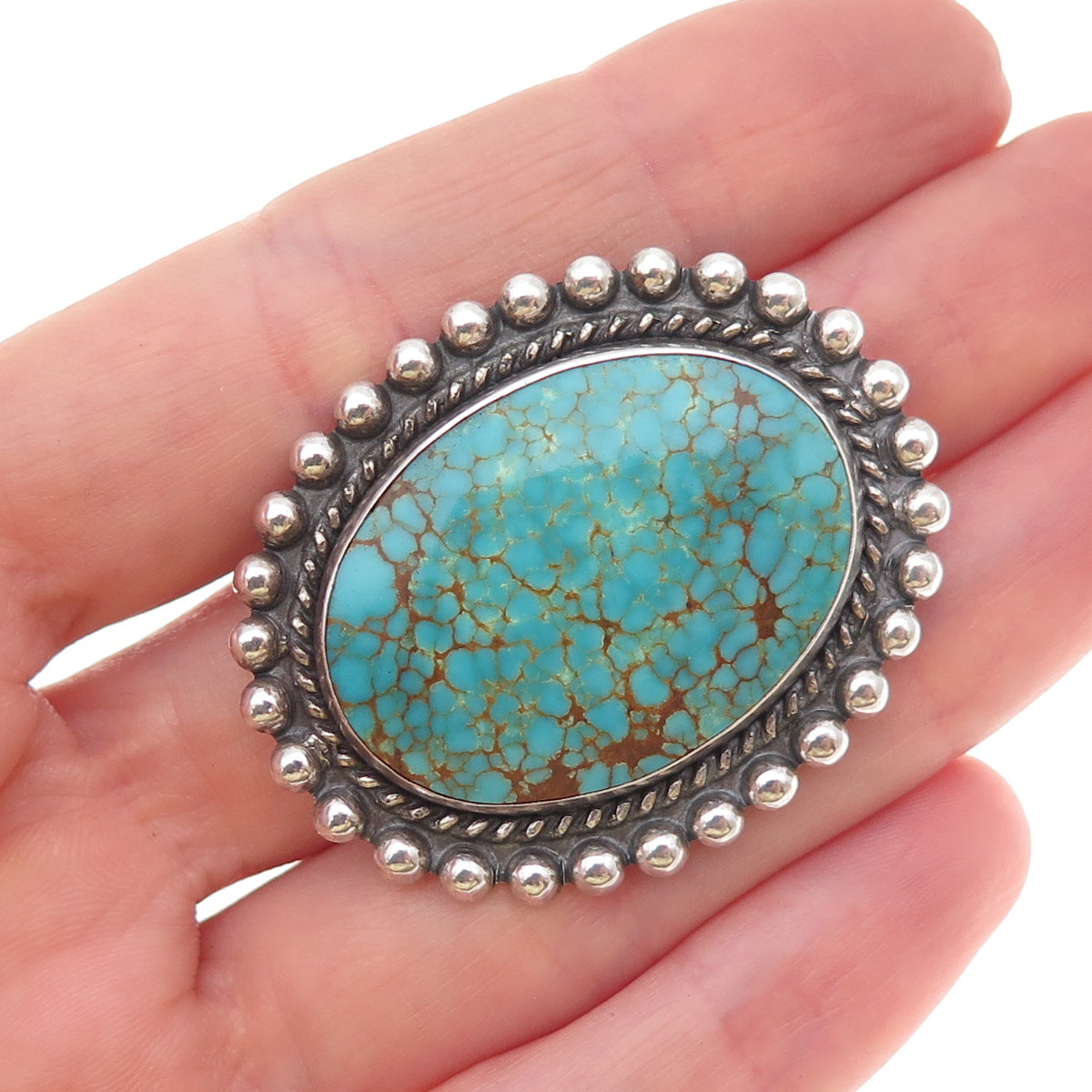 Old Pawn 925 Sterling Silver Vintage Peacock Turquoise Beaded Tribal Pin Brooch