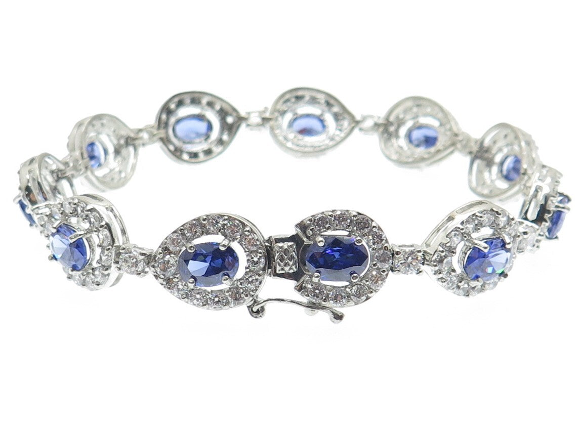 925 Sterling Silver Blue & White C Z Teardrop Link Bracelet 7.25"