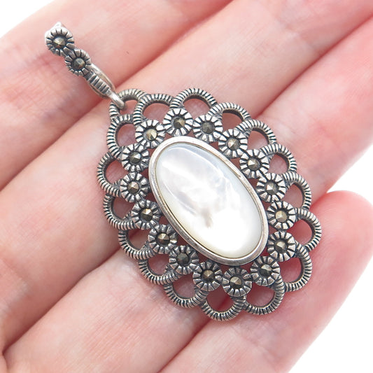 925 Sterling Silver Vintage Real MOP & Marcasite Flower Oxidized Pendant