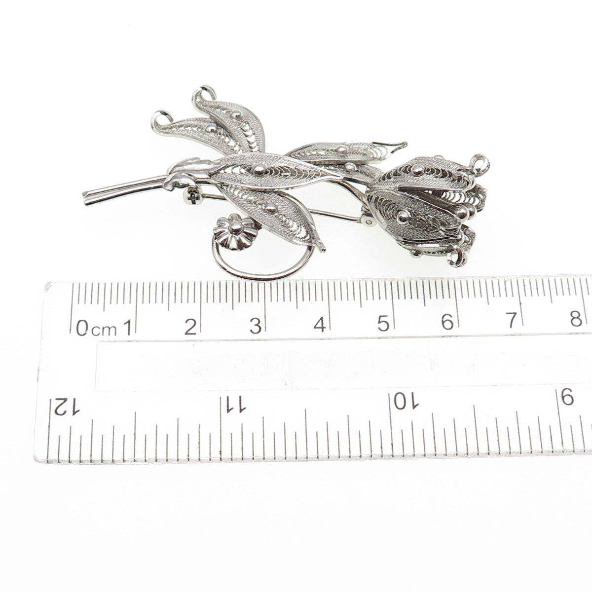 SORRENTO 925 Sterling Silver Vintage Tulip Flower Filigree Pin Brooch