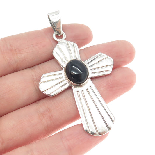 925 Sterling Silver Vintage Mexico Real Black Onyx Gemstone Cross Pendant