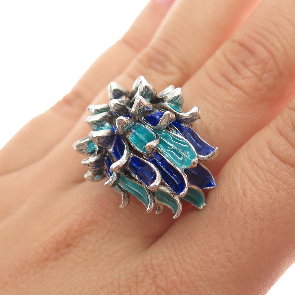 INDUSTRIA PERUANA 925 Sterling Silver Vintage Enamel Modernist Ring Size 7.25