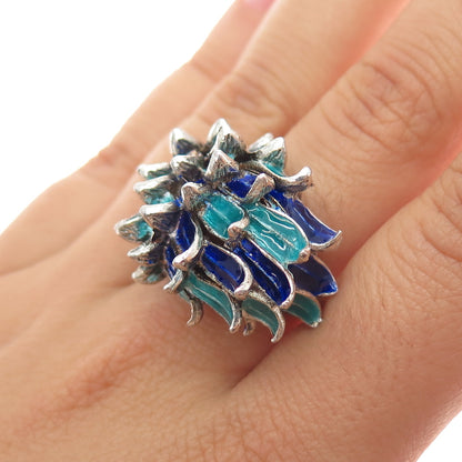 INDUSTRIA PERUANA 925 Sterling Silver Vintage Enamel Modernist Ring Size 7.25