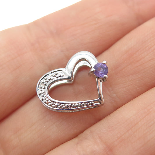 925 Sterling Silver Real Diamond Accent Amethyst Heart Minimalist Slide Pendant