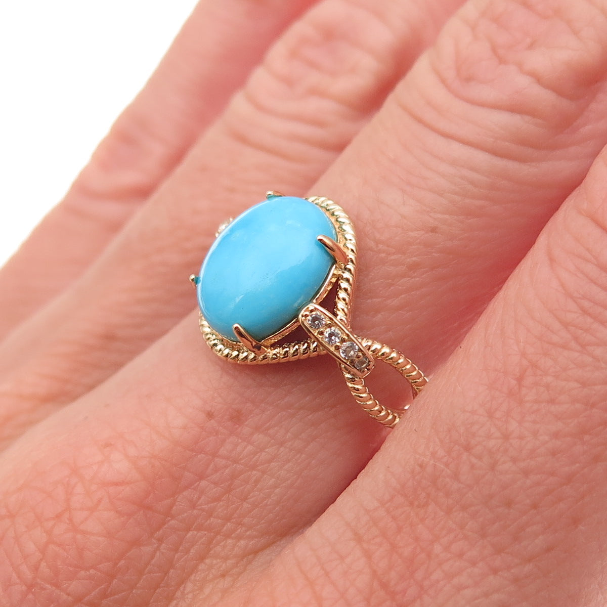 Tehya Oyama Sterling Silver Gold Plated Real Turquoise & White Topaz Ring Size 8