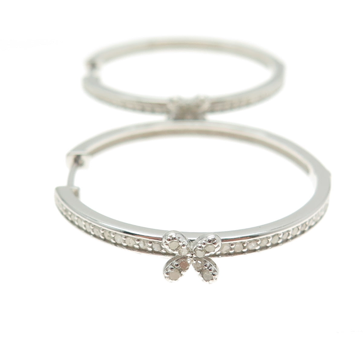 925 Sterling Silver Real Round-Cut Diamond Flower Hoop Earrings