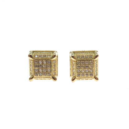 925 Sterling Silver Gold Plated Round-Cut C Z Stud Earrings