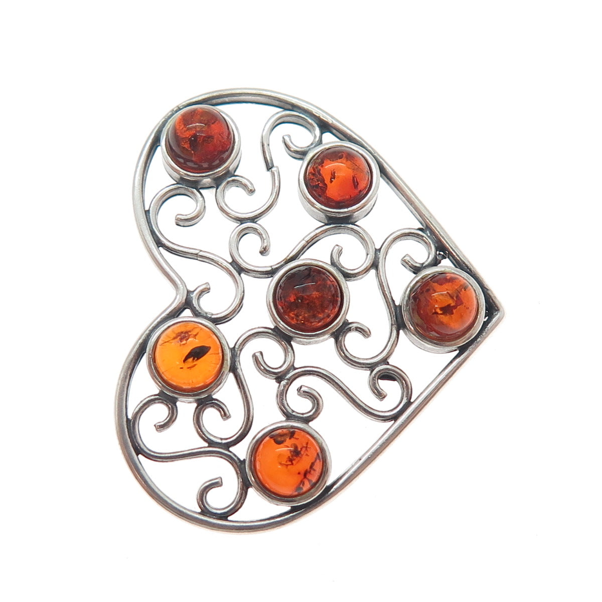 925 Sterling Silver Vintage Real Amber Modernist Swirl Heart Slide Pendant