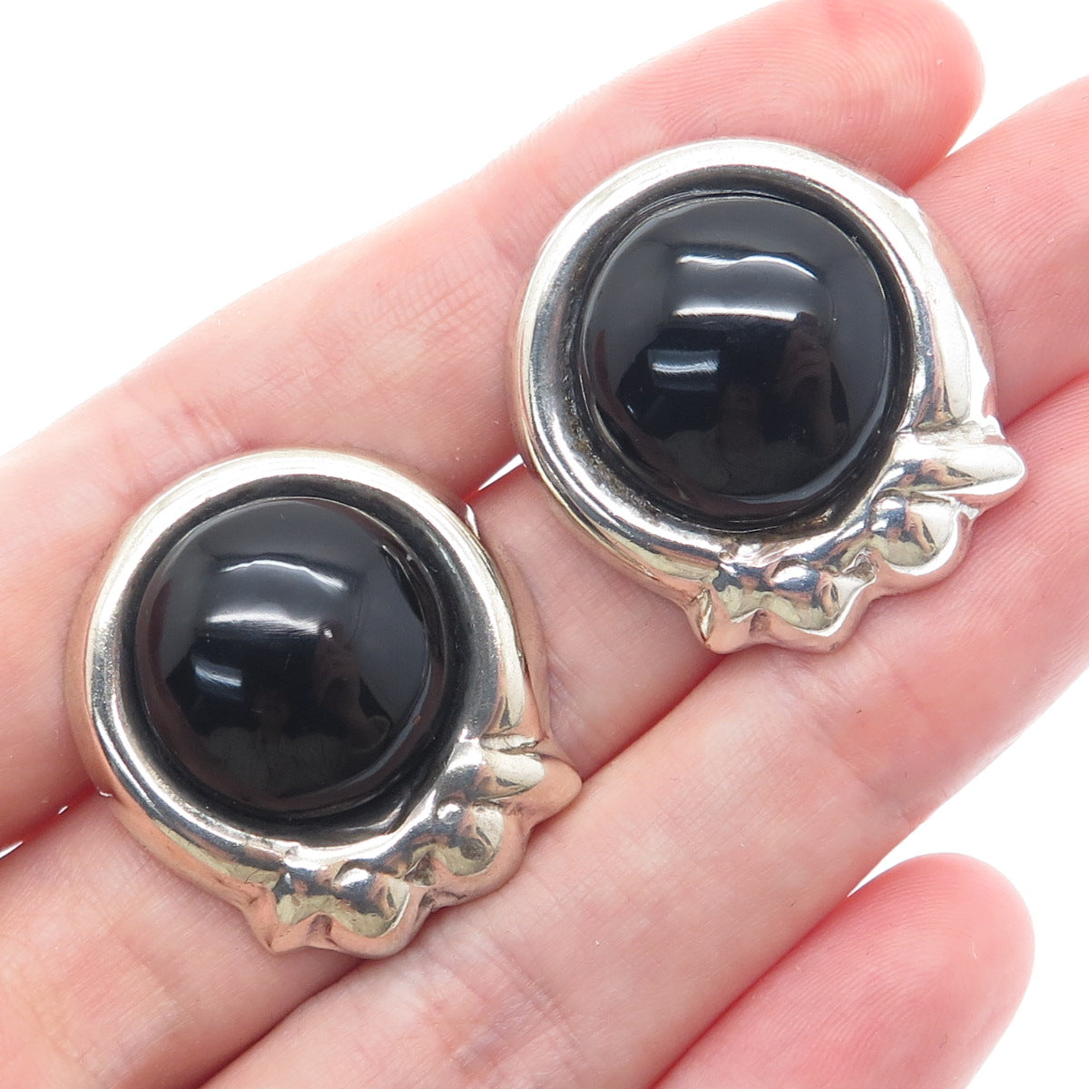 925 Sterling Silver Vintage Mexico Real Black Onyx Modernist Earrings