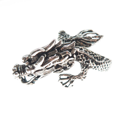 925 Sterling Silver Vintage Dragon Movable Head Oxidized Adjustable Ring Size 10
