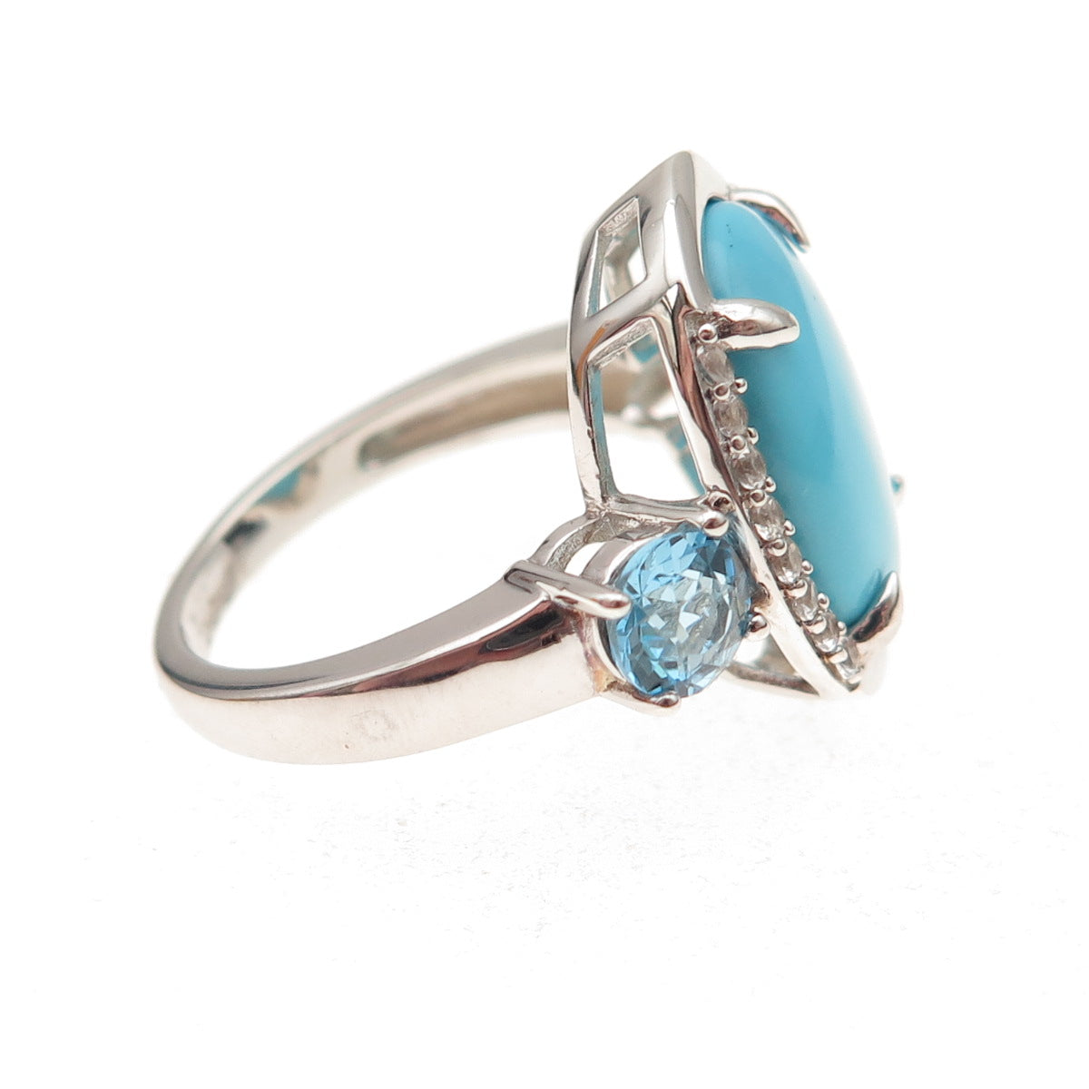 925 Sterling Silver Real Tyrone Turquoise Blue & White Topaz Ring Size 8