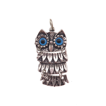 925 Sterling Silver Vintage Glass Wise Owl Articulated Charm Pendant
