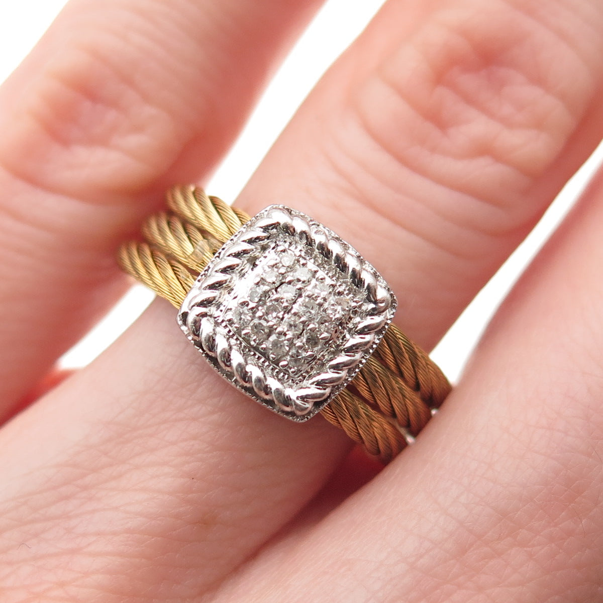 925 Sterling Silver & Steel 2-Tone Real Diamond Adjustable Ring Size 6.75-10.5