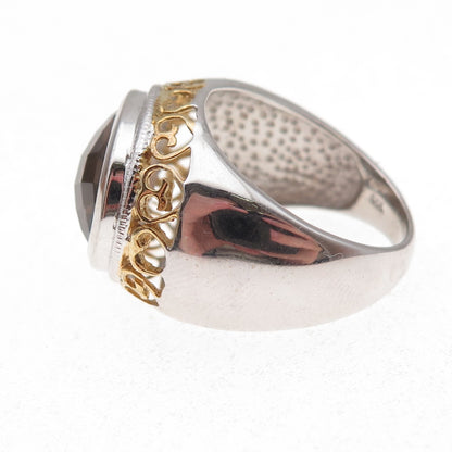 925 Sterling Silver 2-Tone Real Smoky Quartz Heart Ornate Ring Size 8.25