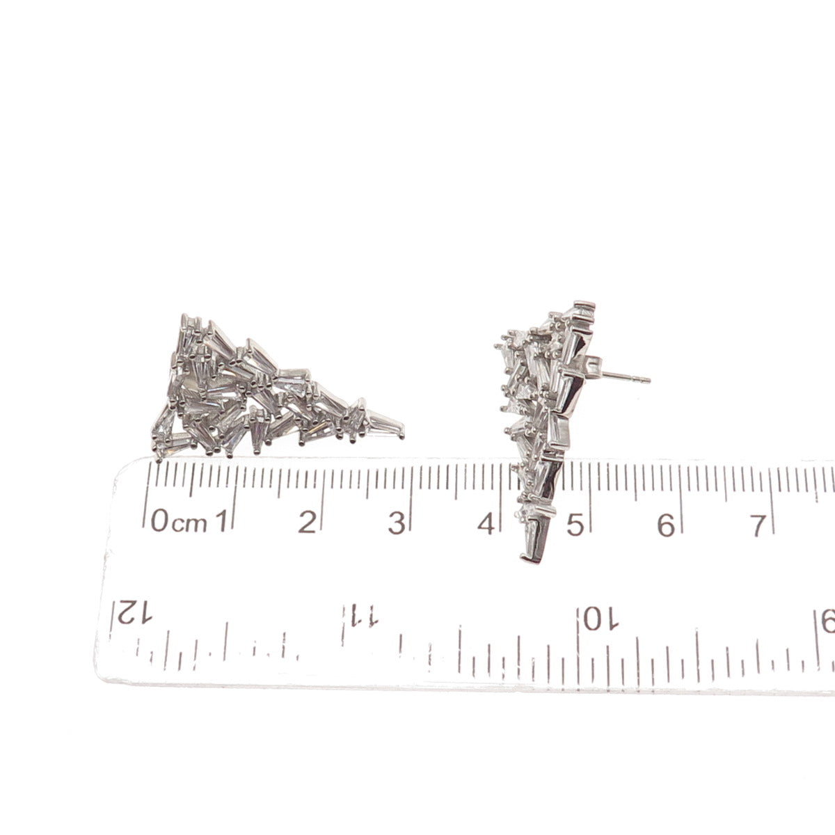 925 Sterling Silver Tapered Baguette-Cut C Z Cluster Triangle Earrings