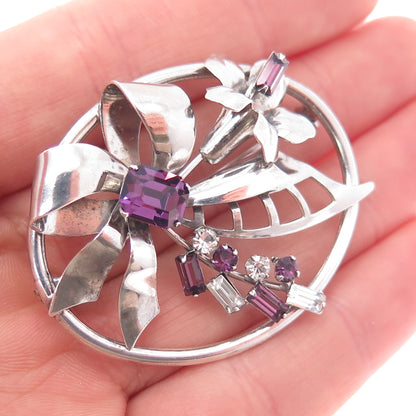 CARL ART 925 Sterling Silver Antique Purple & White Rhinestone Bow Pin Brooch