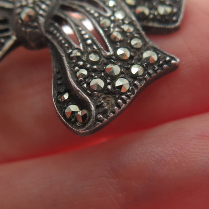 935 Silver Antique RES Germany Marcasite Bow Oxidized Brooch (missing 1 stone)