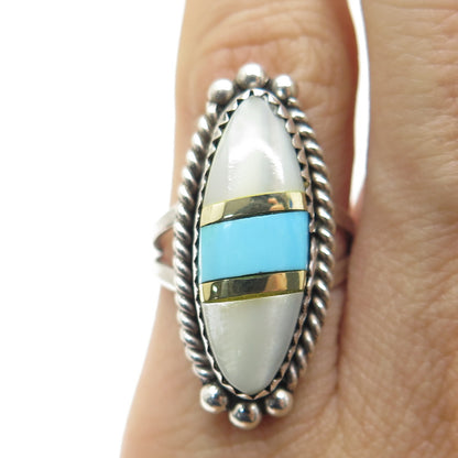 JONATHAN BEYUKA ZUNI Old Pawn 925 Sterling 2-Tone Turquoise & MOP Ring Size 4.75