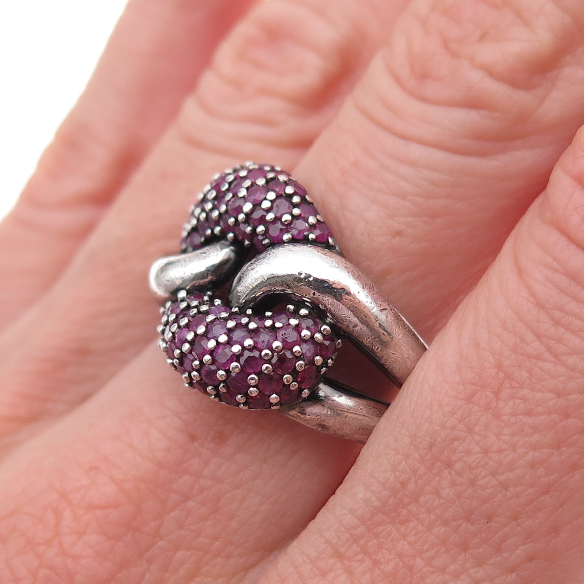 925 Sterling Silver Vintage Real Round-Cut Ruby Interlocked Ring Size 8.25