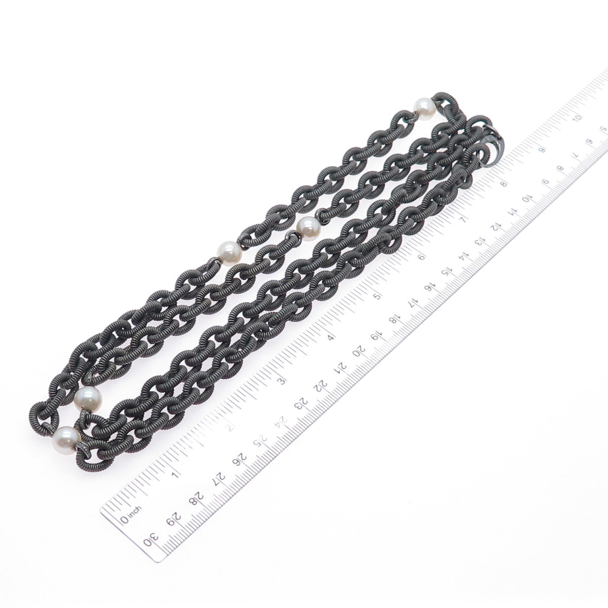 925 Sterling Silver Black Rhodium Vintage Real Diamond Pearl Chain Necklace 32"