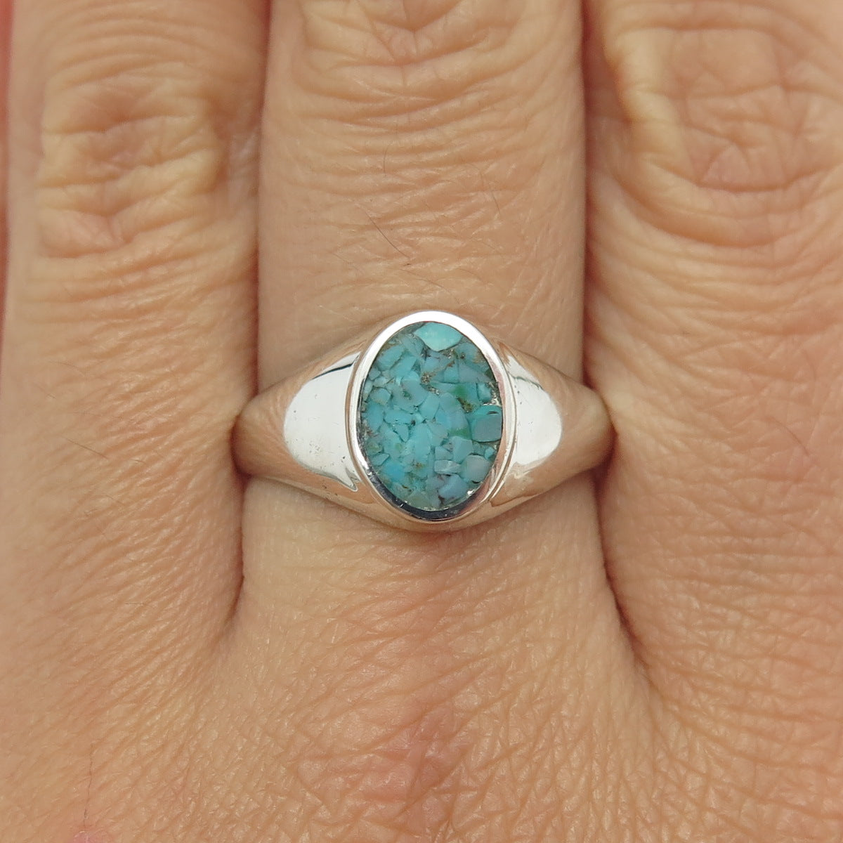 STULLER 925 Sterling Silver Vintage Real Turquoise Inlay Signet Ring Size 10