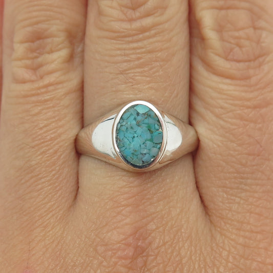 STULLER 925 Sterling Silver Vintage Real Turquoise Inlay Signet Ring Size 10