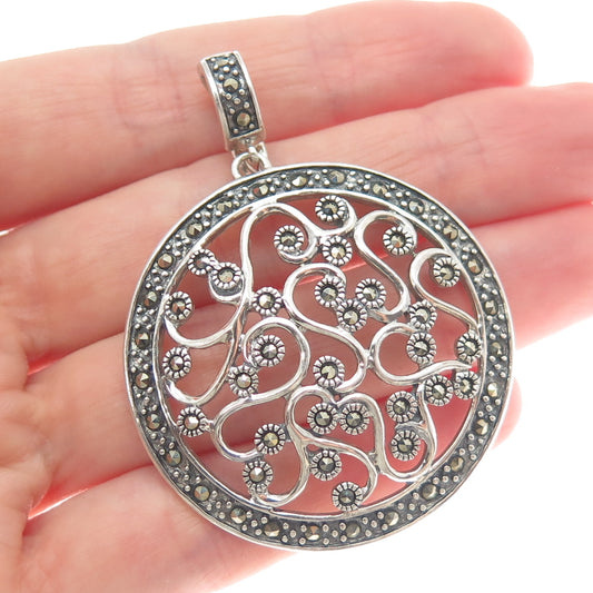 925 Sterling Silver Vintage Real Marcasite Ornate Oxidized Pendant