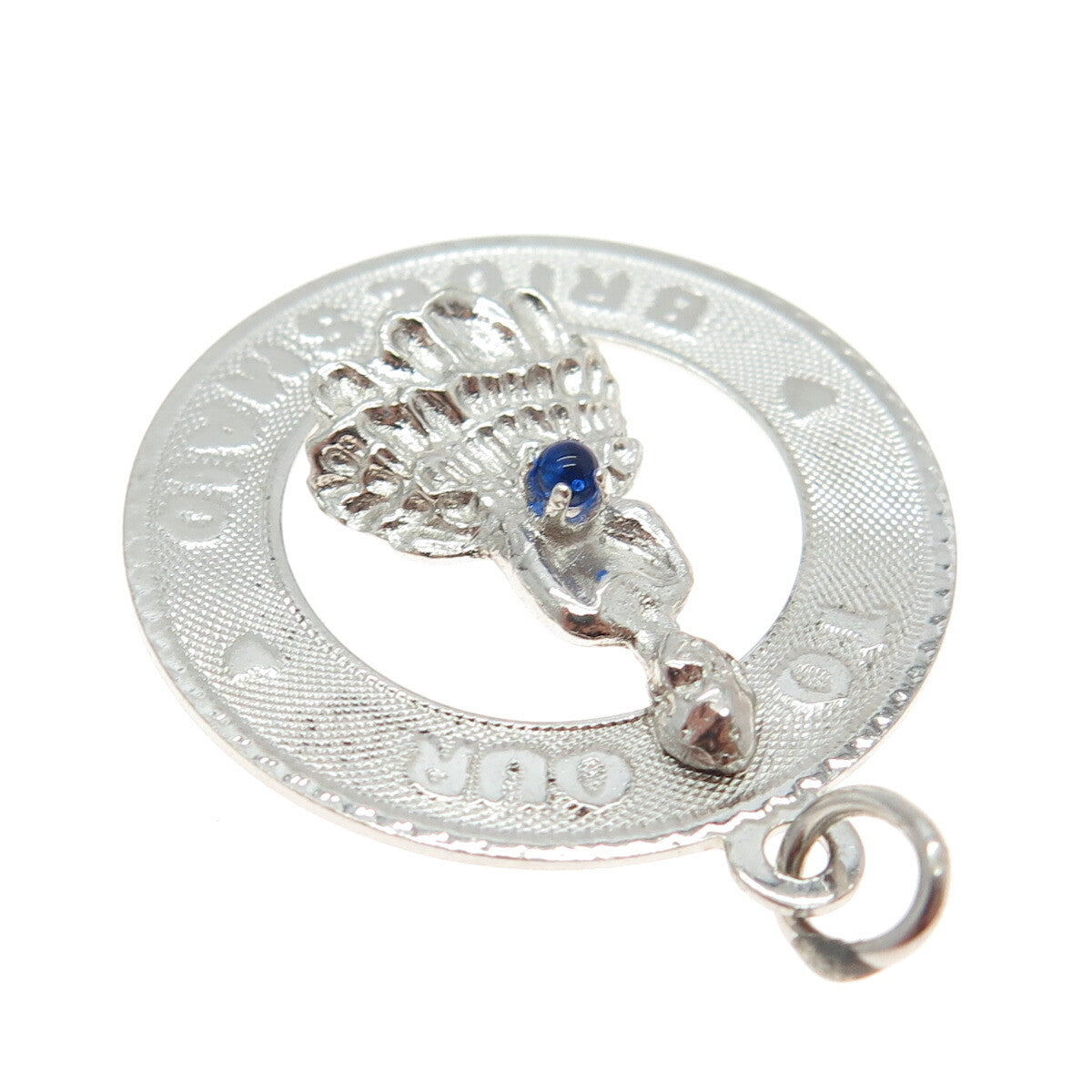 925 Sterling Silver Vintage M&M Blue Glass "To Our Bridesmaid" Round Pendant