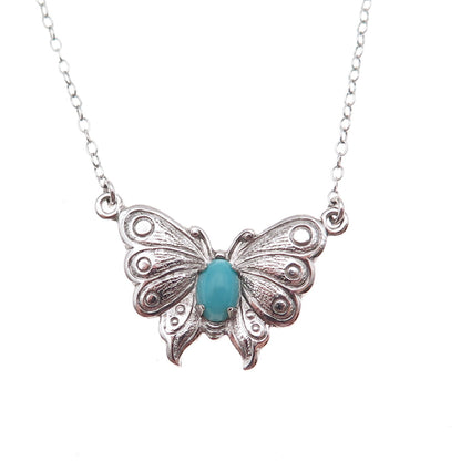 Tru-Kay 925 Sterling Silver Vintage Real Turquoise Butterfly Chain Necklace 16"
