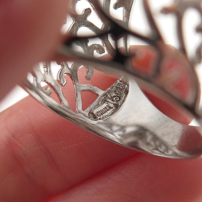 Ken Crafts 925 Sterling Silver Real Red Agate Floral Scroll Ring Size 9