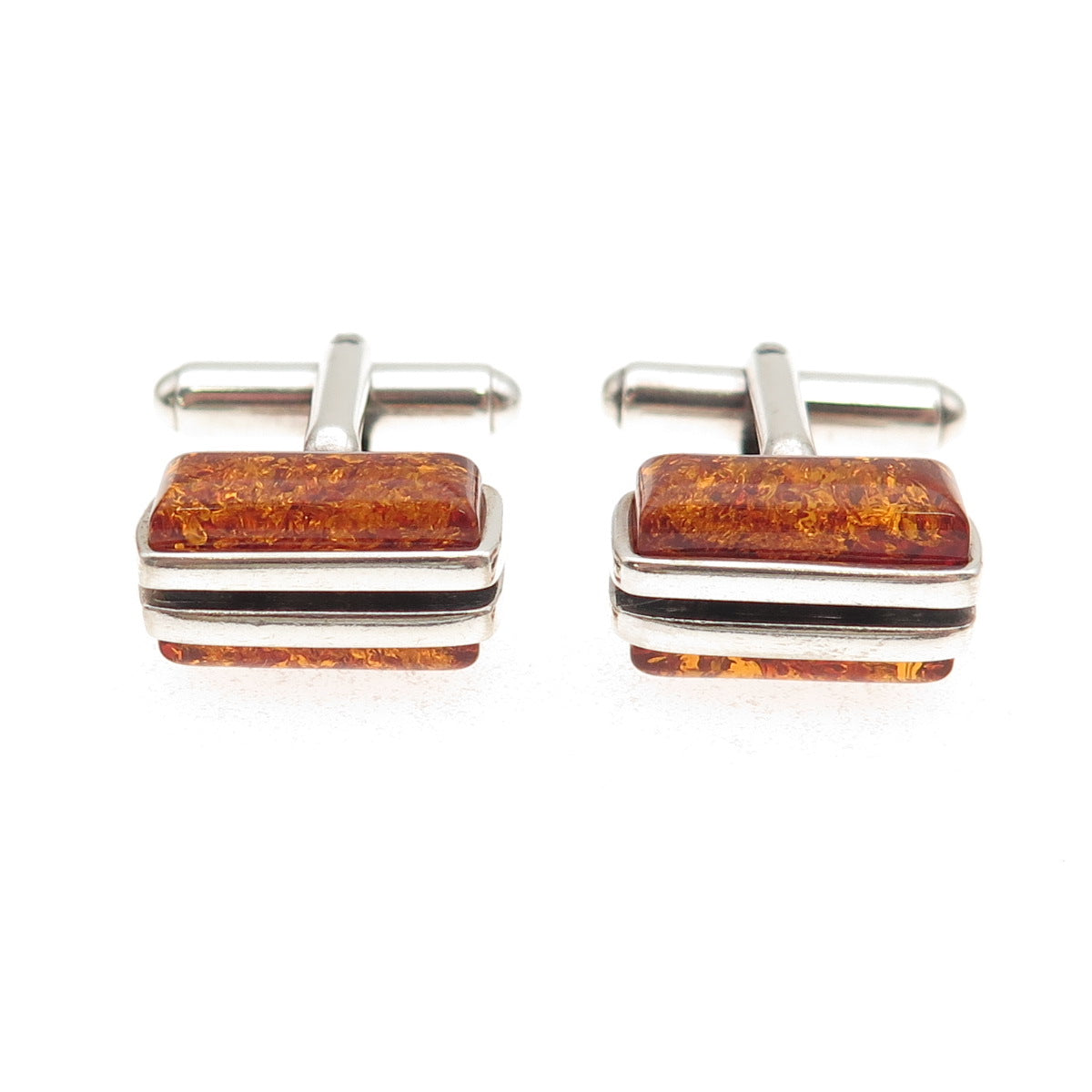 925 Sterling Silver Vintage JV Poland Real Amber Modernist Cufflinks