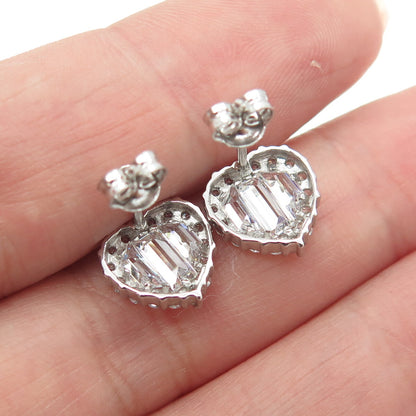 925 Sterling Silver Round & Baguette-Cut C Z Heart Stud Earrings