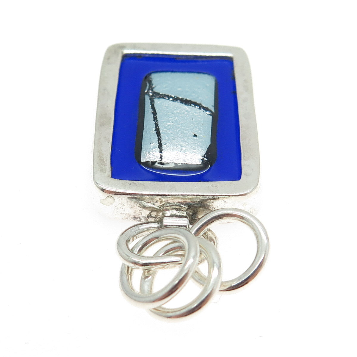925 Sterling Silver Vintage Blue Glass Modernist Charm Pendant