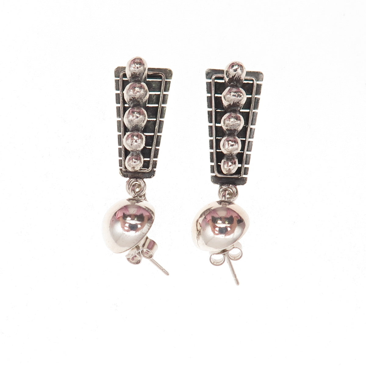 925 Sterling Silver Vintage Modernist Beaded Oxidized Dangle Earrings