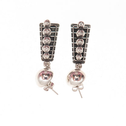 925 Sterling Silver Vintage Modernist Beaded Oxidized Dangle Earrings