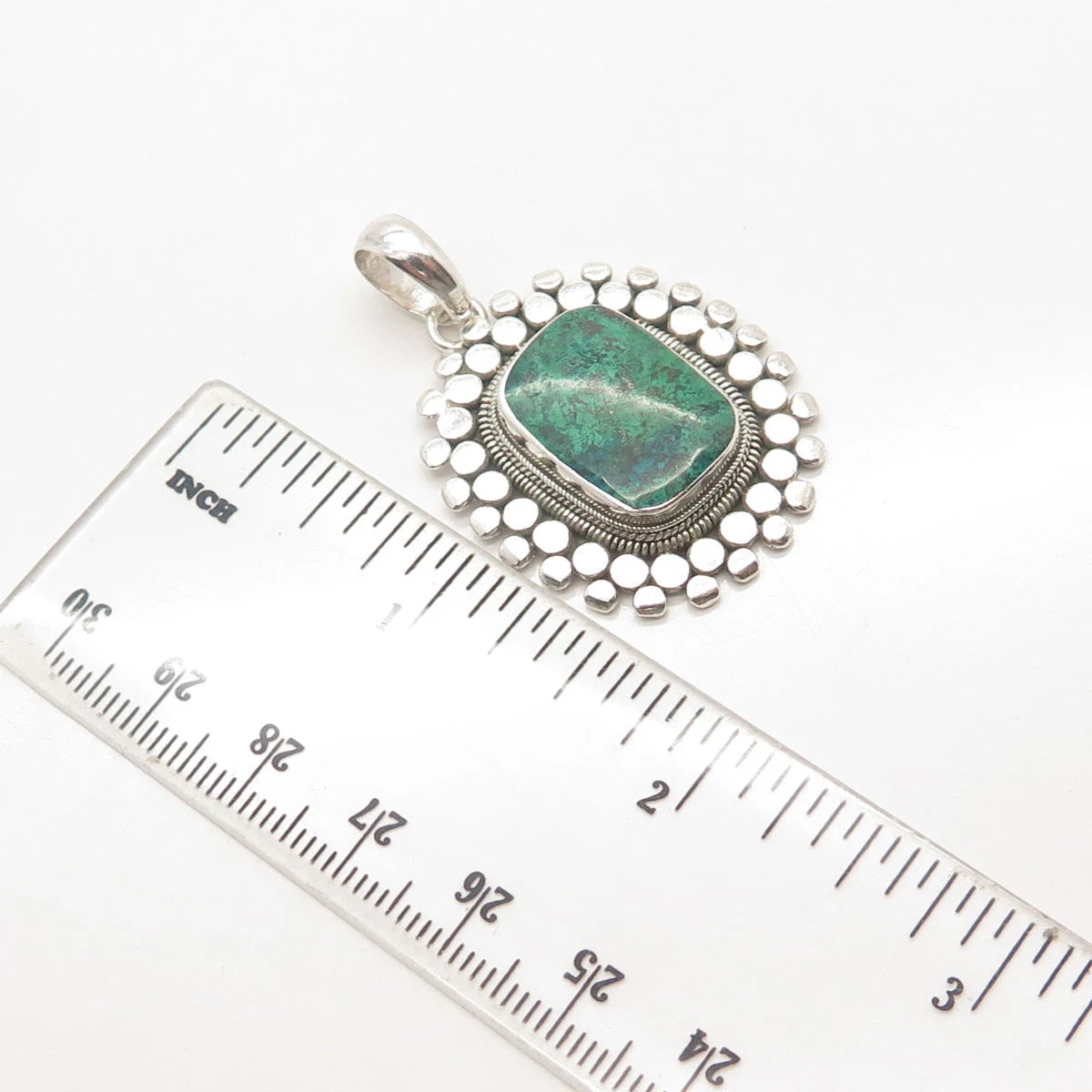 925 Sterling Silver Vintage Real Chrysocolla Gem Dotted Pendant