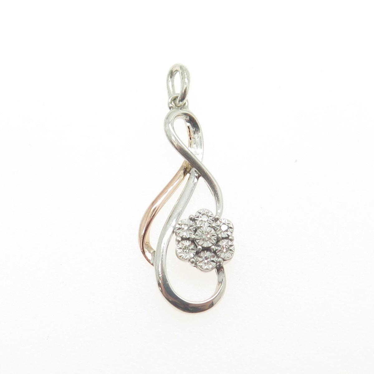 925 Sterling Silver & 10K Rose Gold Real Round-Cut White Diamond Twisted Pendant