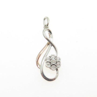 925 Sterling Silver & 10K Rose Gold Real Round-Cut White Diamond Twisted Pendant