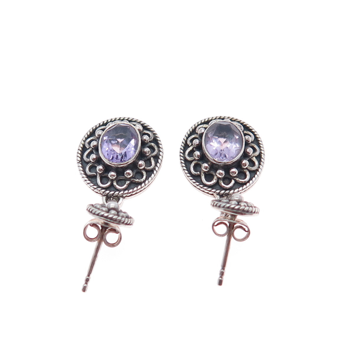 DOUG PAULUS 925 Sterling Silver Vintage Real Amethyst Oxidized Dangle Earrings