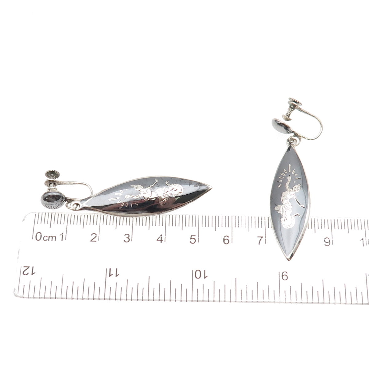 925 Sterling Silver Antique Art Deco Niello Hindu Goddess Screw Back Earrings