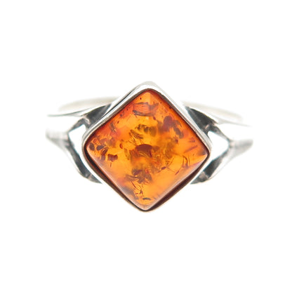 925 Sterling Silver Vintage KW Poland Real Amber Modernist Ring Size 7.75