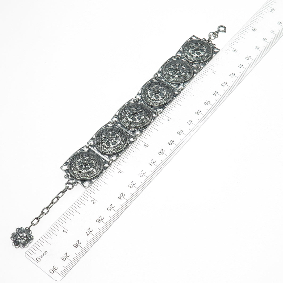 925 Sterling Silver Antique Flower Filigree Panel Link Oxidized Bracelet 7-8"
