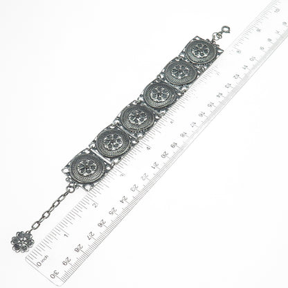 925 Sterling Silver Antique Flower Filigree Panel Link Oxidized Bracelet 7-8"