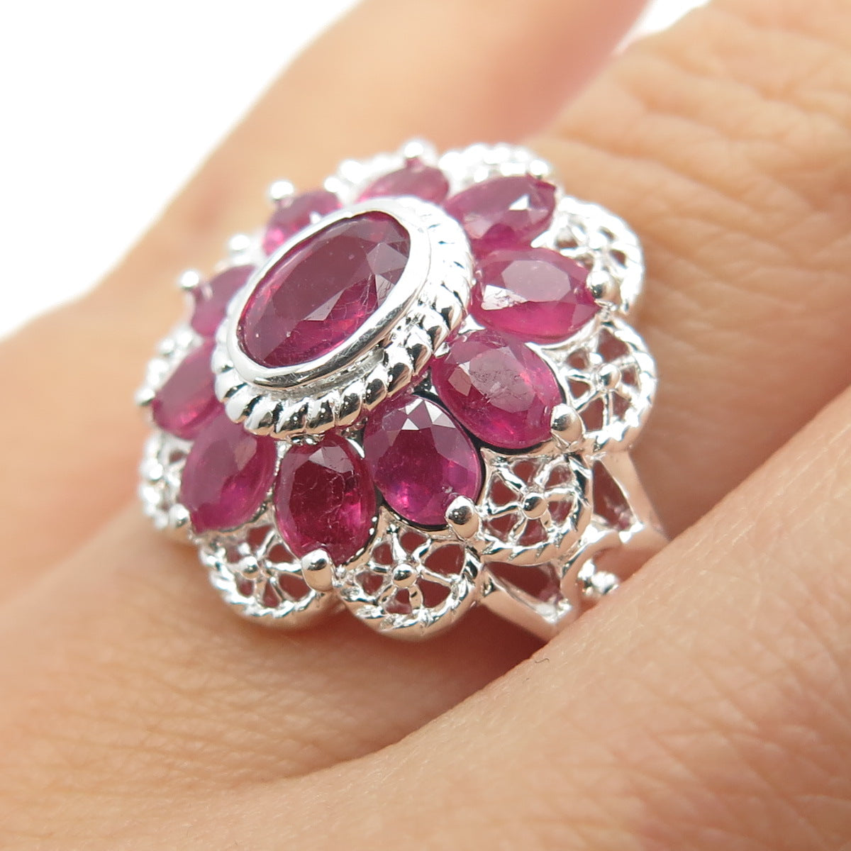 925 Sterling Silver Real Oval-Cut Ruby Flower Ring Size 6