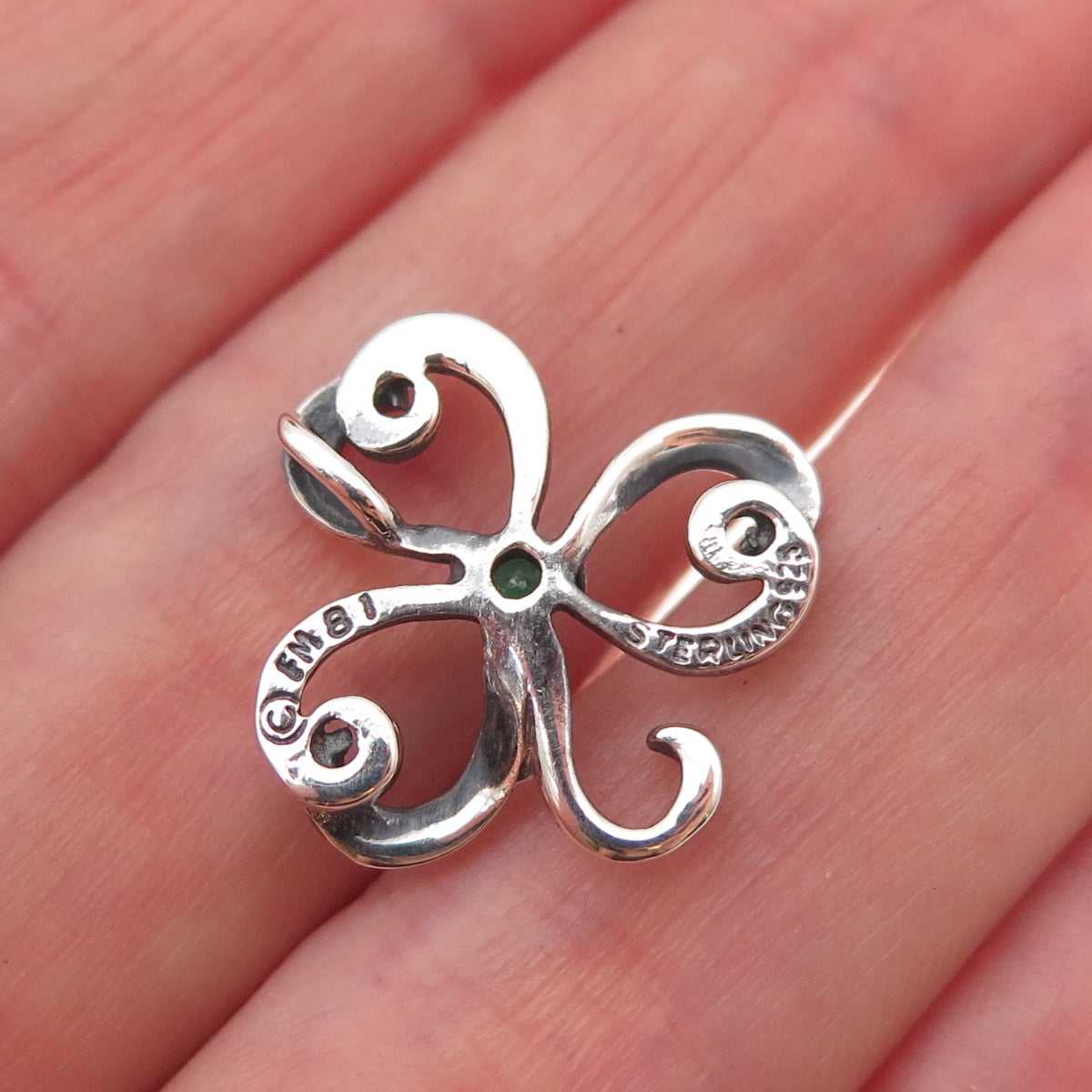 Franklin Mint Sterling Silver Vintage 1981 Real Emerald Butterfly Slide Pendant