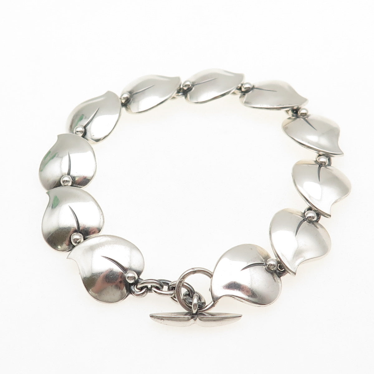 830 Silver Vintage Modernist Floral Heart Link Oxidized Bracelet 7"